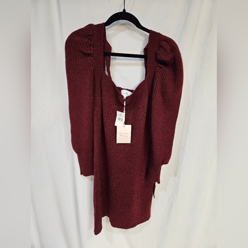 Charles Henry Burgundy Ribbed Long Sleeve Sweater Dress w Square Neck & Tie Back